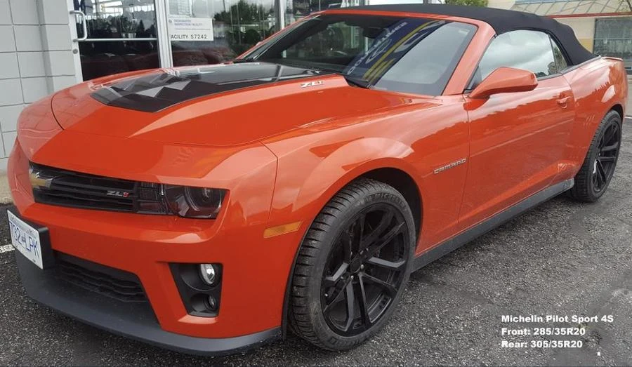 Orange Chevrolet Camaro ZL1 convertible at Tire Capital in Prince George. Fitted: Michelin Pilot Sport 4S; Front: 285/35R20; Rear: 305/35R20
