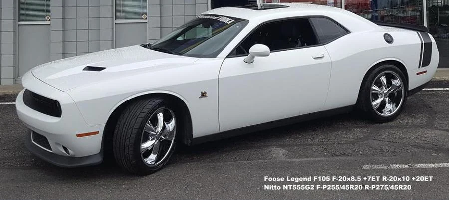 White two-door coupe at Tire Capital in Prince George. Fitted: Foose Legend F105 F-20x8.5 +7ET R-20x10 +20ET; Nitto NT555G2 F-P255/45R20 R-P275/45R20