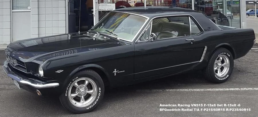 Black classic Ford Mustang at Tire Capital in Prince George. Fitted: American Racing VN515 F-15x6 0et R-15x8 -6; BFGoodrich Radial T/A F-P215/60R15 R-P235/60R15